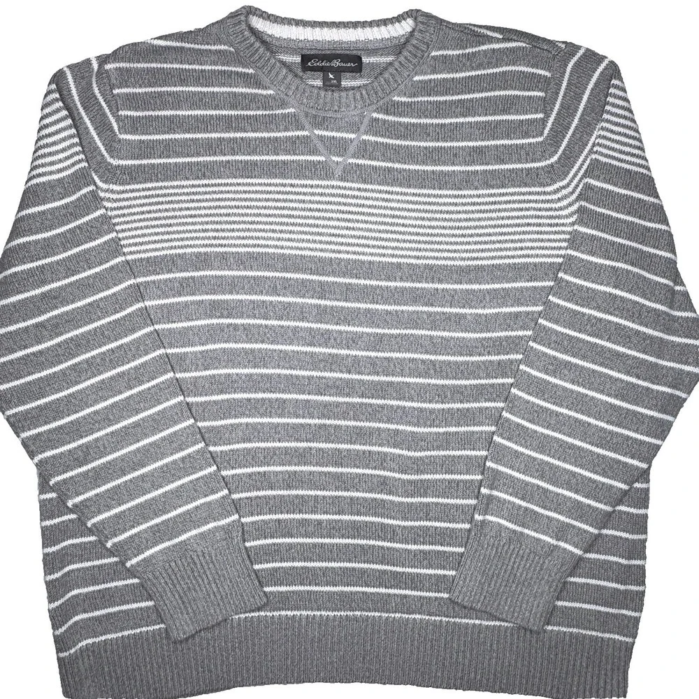 Eddie Bauer Sweater Mens 2XL Gray Striped 100% Cotton Crew Neck Casual Pullover - Picture 1 of 9